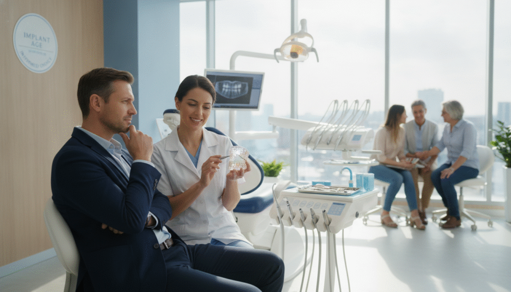 A thoughtful and serene dental clinic environment, featuring an age range of diverse patients considering dental implants. In the foreground, a middle-aged man, dressed in smart-casual attire, sits in a dental consultation chair, looking contemplative. Beside him, a dentist in professional attire, holding a dental implant model, discusses options with a reassuring smile. The middle ground depicts dental chairs and bright tools, emphasizing a modern and clean space. In the background, large windows let in soft, natural light, creating an airy atmosphere. The overall mood is one of trust and expertise, designed to imply careful deliberation and informed choice regarding age for dental implants. A thoughtful and serene dental clinic environment, featuring an age range of diverse patients considering dental implants. In the foreground, a middle-aged man, dressed in smart-casual attire, sits in a dental consultation chair, looking contemplative. Beside him, a dentist in professional attire, holding a dental implant model, discusses options with a reassuring smile. The middle ground depicts dental chairs and bright tools, emphasizing a modern and clean space. In the background, large windows let in soft, natural light, creating an airy atmosphere. The overall mood is one of trust and expertise, designed to imply careful deliberation and informed choice regarding age for dental implants.