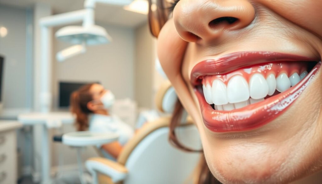 A vibrant, high-resolution image showcasing the importance of dental visits. In the foreground, a close-up of a smiling person's face, their teeth gleaming with health. In the middle ground, a dentist examining a patient's teeth with a gentle, caring expression. In the background, a modern, well-equipped dental office, filled with state-of-the-art equipment and a soothing, calming atmosphere. The lighting is soft and natural, highlighting the importance of oral health and the positive experience of a routine dental checkup. The overall mood is one of reassurance, wellness, and the vital role that regular dental visits play in maintaining a healthy, confident smile.