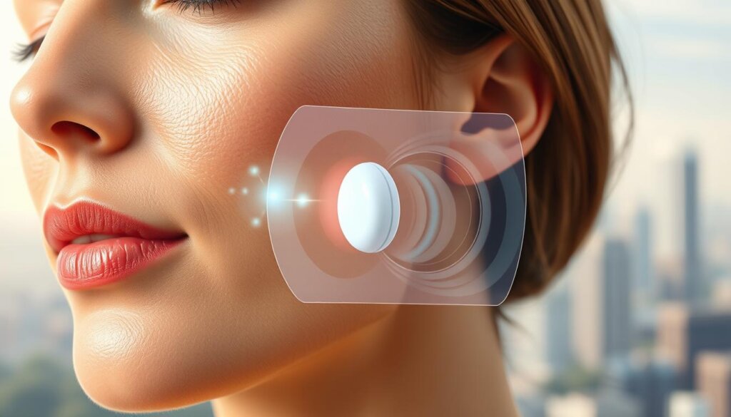 A vibrant, photorealistic illustration depicting the process and benefits of Ultherapy, a non-invasive skin tightening treatment. In the foreground, a close-up view of a woman's face showcases the targeted treatment areas, with the skin texture and contours rendered in exquisite detail. The middle ground features a transparent overlay of the Ultherapy device, its ultrasound transducer applicator gently gliding along the skin's surface. In the background, a soft, blurred cityscape provides context, alluding to the convenient, in-office nature of the procedure. The lighting is natural and diffused, creating a serene, clinical atmosphere that highlights the treatment's efficacy and safety. The overall composition conveys the transformative power of Ultherapy, inspiring confidence in its ability to improve skin laxity and rejuvenate the complexion.
