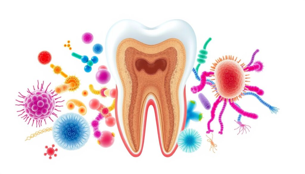 A vibrant, scientifically accurate illustration of common oral bacteria types, depicted in a clean, clinical aesthetic. The foreground features a close-up view of various bacterial cell morphologies, including cocci, bacilli, and spirochetes, rendered in a detailed, microscopic style. The middle ground showcases a cross-section of a tooth, highlighting the complex microbiome of the oral cavity. The background maintains a neutral, white space, allowing the bacterial forms to take center stage and convey the importance of understanding these microscopic inhabitants for maintaining oral health.