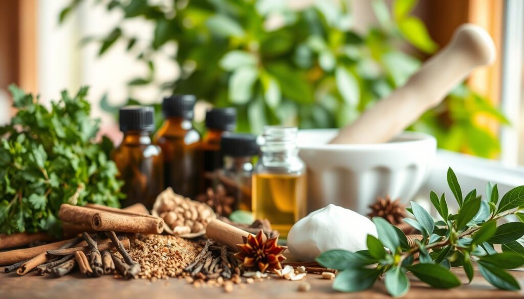 A vibrant still life depicting a variety of natural alternatives to fluoride for dental health. In the foreground, an assortment of fresh herbs, spices, and essential oils - such as cloves, cinnamon, tea tree oil, and myrrh - arranged artfully on a wooden table. In the middle ground, a mortar and pestle, hinting at the potential for natural toothpaste or mouthwash formulations. The background features lush greenery, perhaps a potted plant or two, conveying a sense of holistic wellness. The lighting is soft and natural, creating a warm, inviting atmosphere. The overall composition is balanced and visually appealing, showcasing the beauty and potential of nature-based dental care.