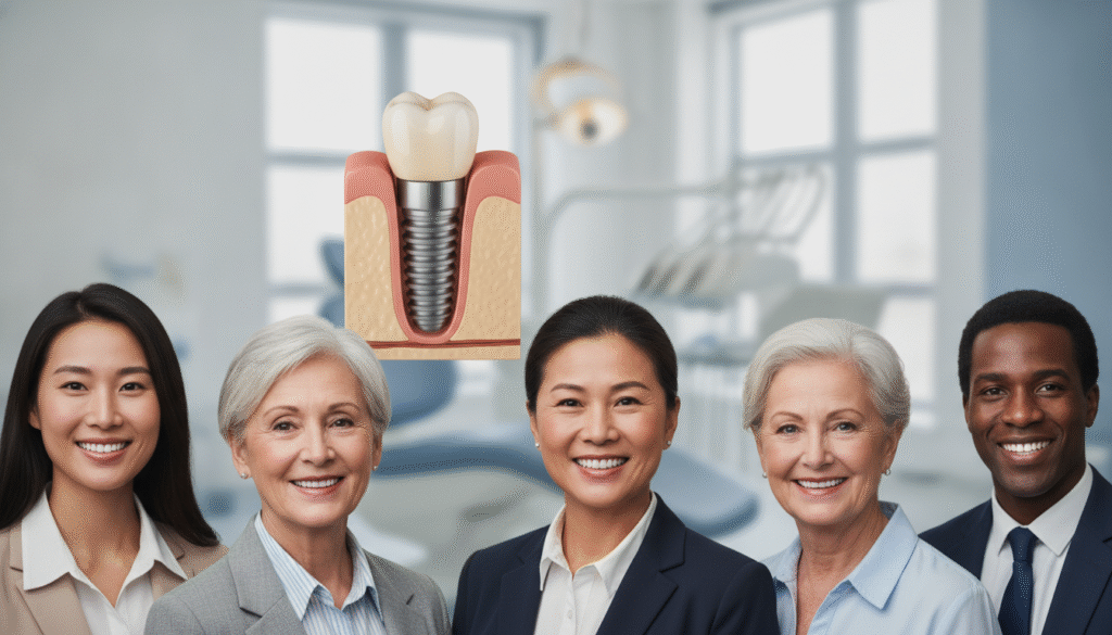 A visually appealing illustration showcasing the benefits of implant-supported dental solutions. In the foreground, depict a diverse group of smiling individuals in professional attire, highlighting different ages and ethnicities, showcasing their confident and healthy smiles. The middle layer features a close-up view of a dental implant, realistically detailed, demonstrating its structure and integration with natural teeth. The background should be a modern dental clinic setting with soft, natural lighting that creates an uplifting and inviting atmosphere. Use a shallow depth of field to highlight the individuals and the dental implant while softly blurring the clinic environment. Convey a mood of trust, health, and professionalism, emphasizing the positive transformation dental implants provide to people's lives. A visually appealing illustration showcasing the benefits of implant-supported dental solutions. In the foreground, depict a diverse group of smiling individuals in professional attire, highlighting different ages and ethnicities, showcasing their confident and healthy smiles. The middle layer features a close-up view of a dental implant, realistically detailed, demonstrating its structure and integration with natural teeth. The background should be a modern dental clinic setting with soft, natural lighting that creates an uplifting and inviting atmosphere. Use a shallow depth of field to highlight the individuals and the dental implant while softly blurring the clinic environment. Convey a mood of trust, health, and professionalism, emphasizing the positive transformation dental implants provide to people's lives.