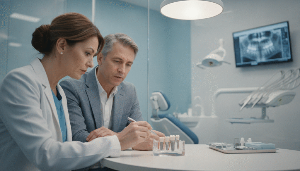 A visually engaging and informative image depicting a dental implant consultation scene. In the foreground, a middle-aged professional couple, dressed in smart casual attire, sits attentively in a modern dental clinic, listening to a dentist in a white coat explaining the dental implant process. The middle section features a dental model of teeth showcasing an implant, illuminated gently by soft overhead lighting. In the background, a sleek dental office with bright, calming colors, featuring dental tools and x-ray images displayed on the wall. The atmosphere conveys professionalism and reassurance, with a focus on understanding dental implants and their benefits. The scene is crisp, clear, with a slight depth of field effect to emphasize the couple and dentist as the focal point. A visually engaging and informative image depicting a dental implant consultation scene. In the foreground, a middle-aged professional couple, dressed in smart casual attire, sits attentively in a modern dental clinic, listening to a dentist in a white coat explaining the dental implant process. The middle section features a dental model of teeth showcasing an implant, illuminated gently by soft overhead lighting. In the background, a sleek dental office with bright, calming colors, featuring dental tools and x-ray images displayed on the wall. The atmosphere conveys professionalism and reassurance, with a focus on understanding dental implants and their benefits. The scene is crisp, clear, with a slight depth of field effect to emphasize the couple and dentist as the focal point.