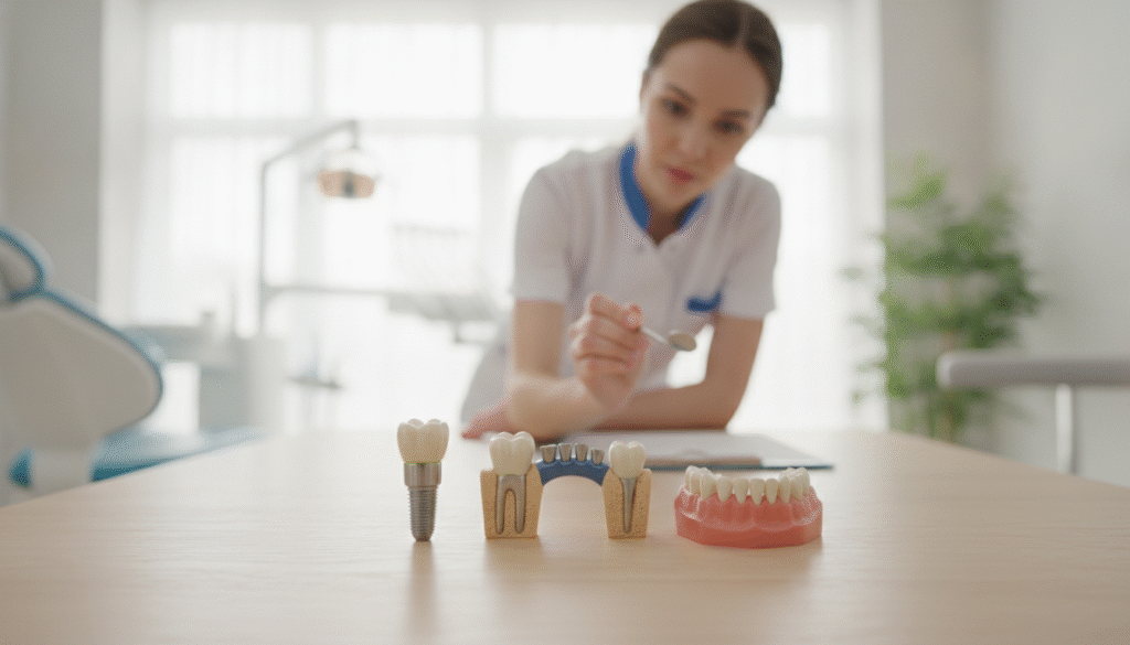 A visually informative composition showcasing various tooth replacement options. In the foreground, display a realistic dental model featuring three distinct types of replacement teeth: an implant, a bridge, and a denture, arranged neatly on a polished wooden table. In the middle ground, include a dentist in professional attire, examining the models with a focused expression, using a dental mirror for demonstration. The background should feature a softly blurred dental clinic setting, with bright, natural light streaming from a window, creating a serene and educational atmosphere. The image should have a clean, professional look, evoking trust and clarity about dental health options. The lens should capture a slight depth of field, emphasizing the details of the tooth models while keeping the dentist and clinic subtly in focus. A visually informative composition showcasing various tooth replacement options. In the foreground, display a realistic dental model featuring three distinct types of replacement teeth: an implant, a bridge, and a denture, arranged neatly on a polished wooden table. In the middle ground, include a dentist in professional attire, examining the models with a focused expression, using a dental mirror for demonstration. The background should feature a softly blurred dental clinic setting, with bright, natural light streaming from a window, creating a serene and educational atmosphere. The image should have a clean, professional look, evoking trust and clarity about dental health options. The lens should capture a slight depth of field, emphasizing the details of the tooth models while keeping the dentist and clinic subtly in focus.