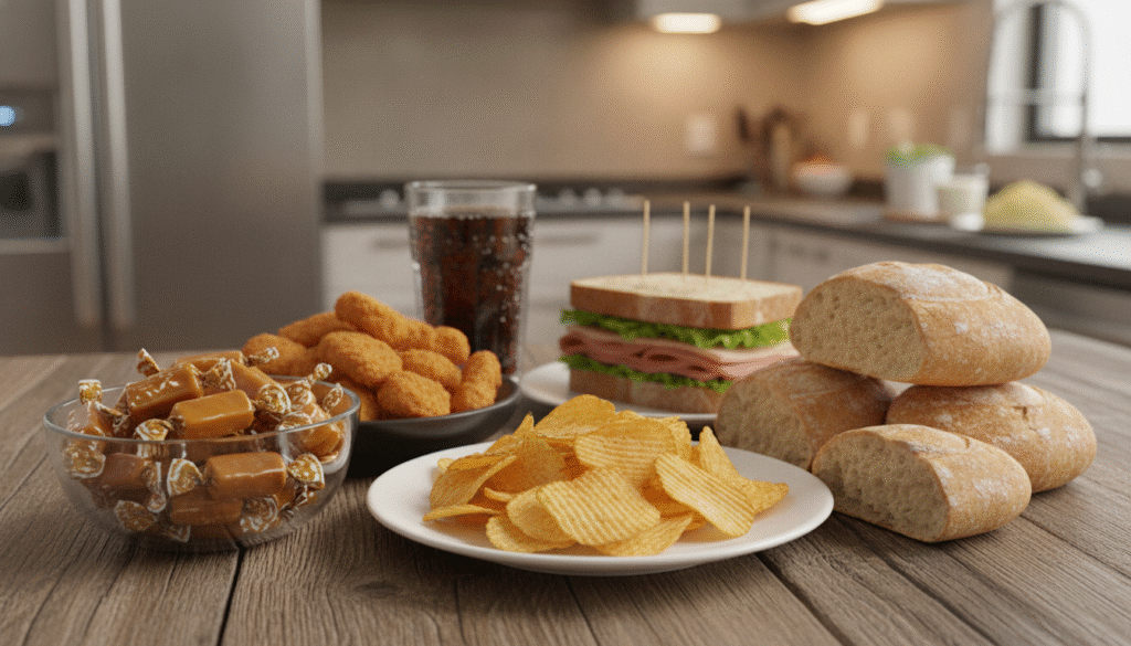 A visually striking composition showcasing a variety of foods that should be avoided after dental implant surgery. In the foreground, a wooden table displays a selection of unhealthy items: a bowl of hard caramel candies, a plate of crispy chips, a dish of crunchy fried foods, and a stack of hard bread. The middle ground features a glass of dark soda and a toothpick-filled sandwich, both representing options detrimental to dental health. The background is softly blurred, featuring a kitchen setting with gentle ambient lighting to create a calm, informative atmosphere. The overall mood is educational and cautionary, highlighting the importance of careful dietary choices post-surgery. The angle is slightly top-down, providing a clear view of the foods while maintaining a professional, clean aesthetic. A visually striking composition showcasing a variety of foods that should be avoided after dental implant surgery. In the foreground, a wooden table displays a selection of unhealthy items: a bowl of hard caramel candies, a plate of crispy chips, a dish of crunchy fried foods, and a stack of hard bread. The middle ground features a glass of dark soda and a toothpick-filled sandwich, both representing options detrimental to dental health. The background is softly blurred, featuring a kitchen setting with gentle ambient lighting to create a calm, informative atmosphere. The overall mood is educational and cautionary, highlighting the importance of careful dietary choices post-surgery. The angle is slightly top-down, providing a clear view of the foods while maintaining a professional, clean aesthetic.