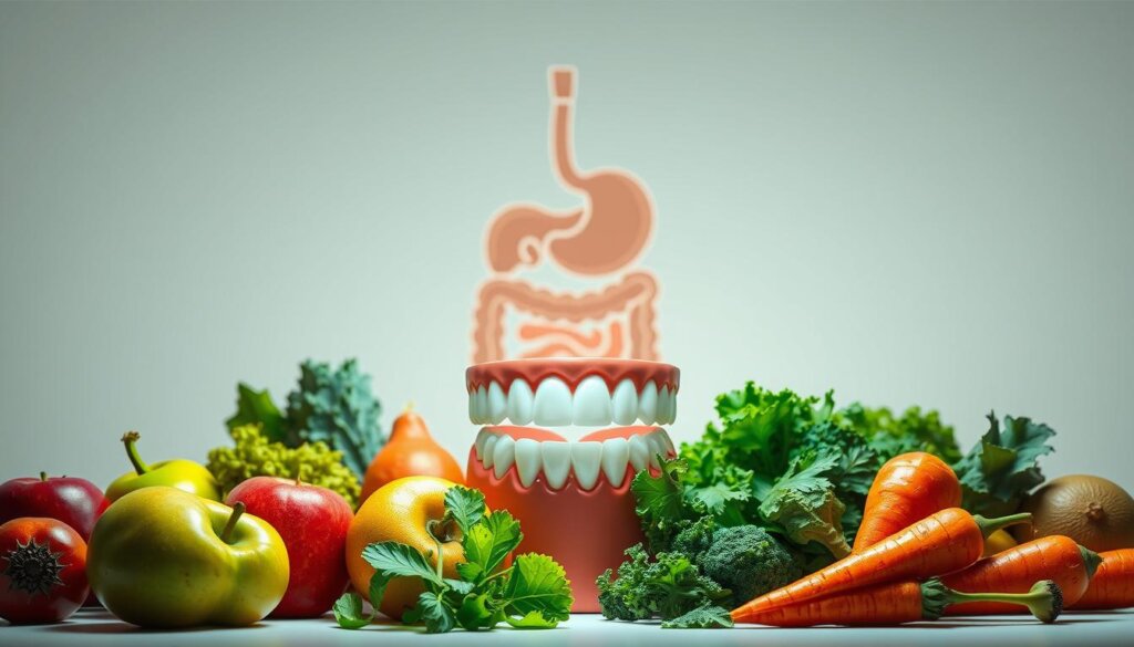 A visually striking digital illustration showcasing the relationship between nutrition and oral health. In the foreground, a vibrant, nutrient-rich assortment of fruits and vegetables - apples, carrots, leafy greens - arranged against a clean, minimalist background. In the middle ground, a set of pristine, healthy teeth, illuminated by soft, diffused lighting that emphasizes their gleaming enamel. In the background, a simplified depiction of the human digestive system, subtly hinting at the systemic connections between diet and dental wellbeing. The overall mood is one of balance, vitality, and the importance of holistic self-care. Rendered in a sophisticated, contemporary style with a muted color palette that conveys a sense of wellness and vitality.
