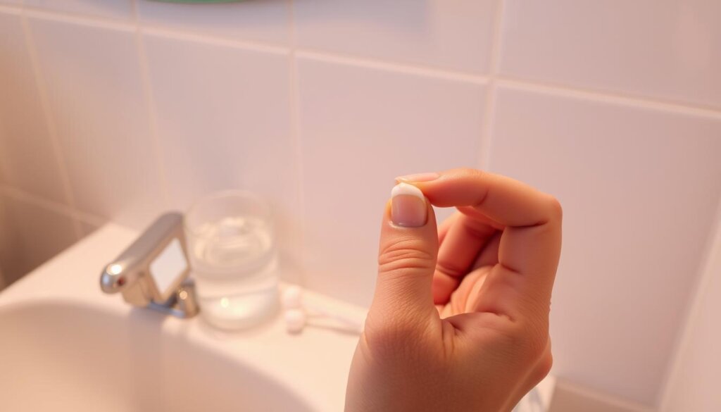 A warm, well-lit bathroom scene. In the foreground, a person's hand gently applies a small dab of toothpaste to a chipped tooth. The tooth is slightly discolored but the chip is not severe. In the middle ground, a cup of water and a set of dental tools - floss, a small mirror, and a cotton swab - sit on the vanity. The background shows a minimalist tile wall, casting a soft, even glow. The overall mood is one of calm, focused attention to the task of caring for the chipped tooth at home.
