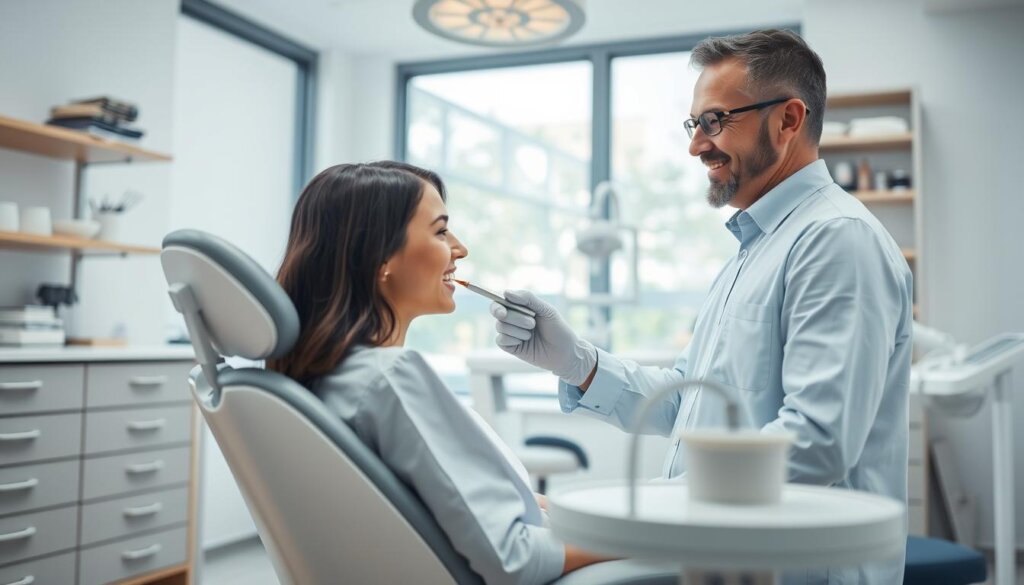 A well-lit, airy dental examination room, with a modern dental chair at the center. The patient, a young adult, is sitting comfortably as a friendly-looking dentist examines their teeth using a dental mirror and probe. The dentist's expression is calm and reassuring, conveying a sense of professionalism and care. In the background, shelves with dental tools and equipment, and a large window that lets in natural light, creating a soothing, calming atmosphere. The scene emphasizes the importance of regular dental checkups and cleanings in maintaining oral health and preventing cavities.