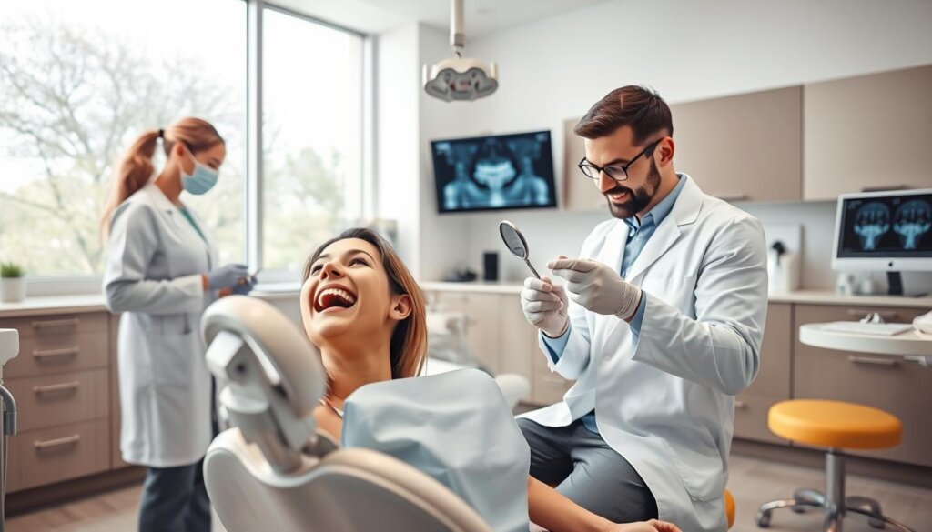 A well-lit, airy dental office with modern, clean equipment and furnishings. In the foreground, a patient sitting comfortably in the dentist's chair, their mouth open as the dentist examines their teeth with a small mirror and probe. The dentist, wearing a crisp white coat, is focused intently on their task. In the middle ground, a dental hygienist stands nearby, preparing instruments and materials. The background features sleek cabinetry, a wall-mounted screen displaying dental x-rays, and large windows letting in abundant natural light. The overall scene conveys a sense of professionalism, efficiency, and the importance of regular dental care.
