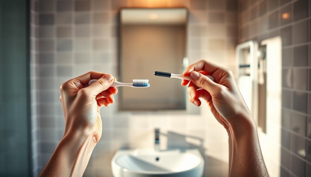 A well-lit bathroom scene showcases a person's hands demonstrating proper brushing techniques. In the foreground, the hands firmly hold a toothbrush, moving it in gentle, circular motions across the teeth. The middle ground features a sink and mirror, reflecting the brushing action. In the background, a calming, minimalist tile wall creates a serene atmosphere. Warm, natural lighting illuminates the scene, emphasizing the importance of daily oral hygiene. The overall composition conveys a sense of focus and attention to detail, encouraging viewers to adopt effective brushing habits for optimal dental cleanliness.