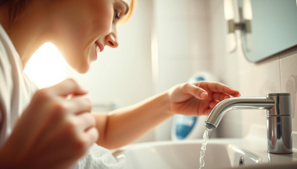 A well-lit bathroom scene with a person diligently brushing their teeth over a sink, their gums highlighted and the focus of the image. The scene conveys a sense of careful, attentive home dental care, with soft, diffused lighting from a window casting a warm glow. The background is blurred, emphasizing the foreground action. The person's expression shows dedication to their oral hygiene routine. Subtle details like a toothbrush, toothpaste, and water running in the sink complement the central focus on gum health and proper brushing technique.