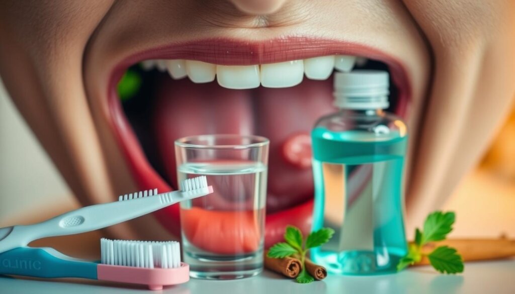A well-lit close-up of a person's mouth, showcasing various remedies for chronic bad breath. In the foreground, a set of dental hygiene tools, including a toothbrush, floss, and tongue scraper, arranged neatly. In the middle ground, a glass of water and a bottle of mouthwash, symbolizing the importance of hydration and oral cleansing. In the background, a selection of herbs and spices, such as parsley, mint, and cinnamon, hinting at natural remedies for halitosis. The lighting is soft and warm, creating a soothing, inviting atmosphere, emphasizing the importance of addressing this common dental health issue.