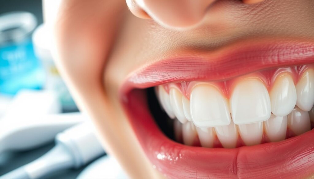 A well-lit, close-up photograph of a person's teeth, with a specific focus on the front teeth. The teeth should appear healthy, with no visible chips or cracks. The image should convey a sense of dental care and prevention, featuring dental tools and products in the background, such as a toothbrush, toothpaste, and floss. The lighting should be soft and natural, highlighting the details of the teeth and creating a calming, professional atmosphere. The composition should be balanced, with the teeth occupying the central focus, and the surrounding elements complementing the overall message of preventive dental care.