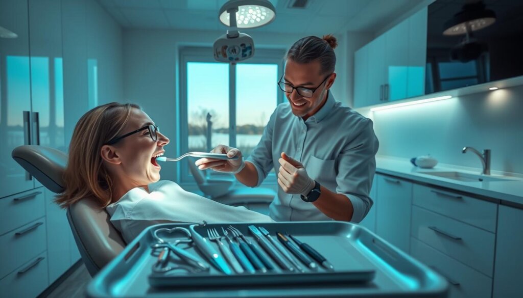 A well-lit dental examination room, pristine and modern. In the foreground, a patient sits in a comfortable chair, mouth open as a dentist meticulously inspects their teeth using a small mirror and probe. The dentist's face is focused, their movements precise. In the middle ground, various dental tools and instruments are neatly arranged on a tray, gleaming under the soft, even lighting. The background features sleek cabinetry, a sink, and a large window overlooking a peaceful outdoor scene, conveying a calming, professional atmosphere. The overall scene evokes a sense of care, attention to detail, and the importance of regular dental checkups for maintaining oral health.