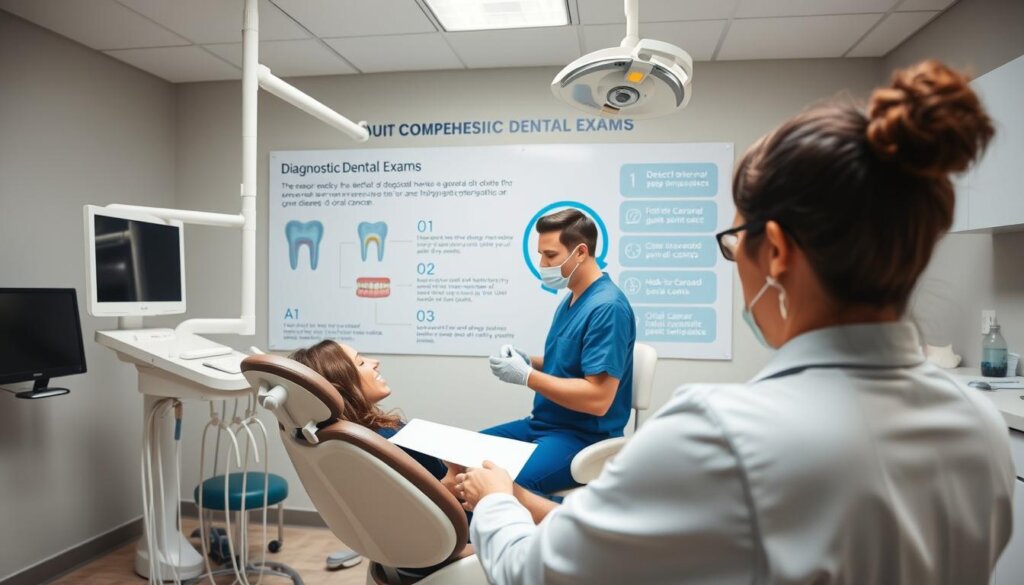 A well-lit dental examination room, with a dentist's chair in the foreground, surrounded by modern dental equipment. The middle ground features a patient receiving a thorough oral examination, the dentist's focused expression and careful movements conveying the importance of this process. In the background, a large, informative wall display highlights the key aspects of diagnostic dental exams, such as detecting early signs of decay, gum disease, and oral cancer. The overall scene exudes a sense of professionalism, attention to detail, and the vital role that comprehensive dental examinations play in maintaining oral health.