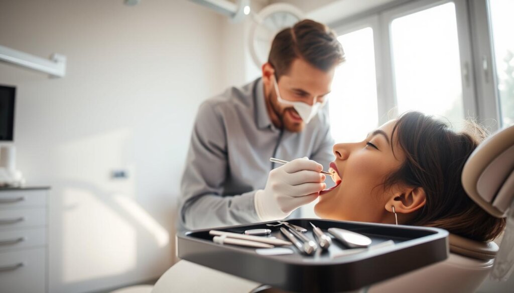 A well-lit dental examination room, with a dentist's chair in the foreground. The dentist is leaning in, closely inspecting a patient's teeth, using a dental mirror and probe. In the middle ground, various dental tools and equipment are neatly organized on a tray. The background showcases a large window, allowing natural light to flood the space, creating a calming, professional atmosphere. The scene conveys a sense of attentiveness and care, highlighting the importance of early detection of dental issues.