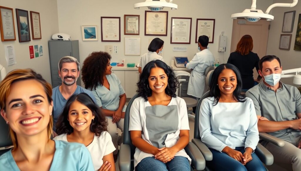 A well-lit dental office setting, with patients of diverse ages and backgrounds seated comfortably in examination chairs. The foreground features close-up portraits of patients, their expressions conveying a sense of satisfaction and trust. The middle ground showcases dentists and dental hygienists interacting with patients, demonstrating gentle, attentive care. In the background, diplomas, certificates, and modern dental equipment suggest a professional, state-of-the-art facility. The overall atmosphere is one of warmth, competence, and positive patient experiences.