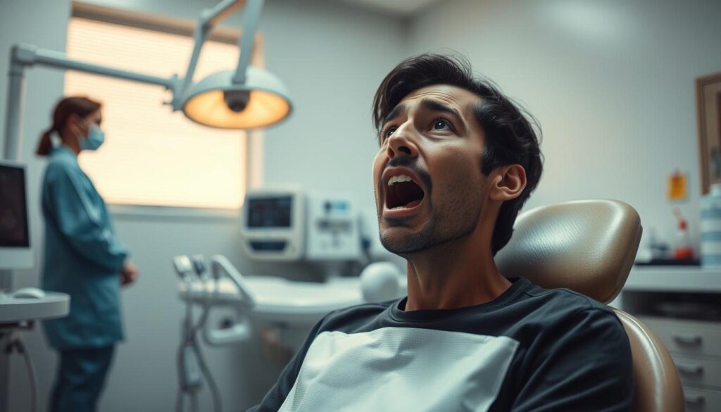 A well-lit examination room, a dentist's chair in the foreground, a worried patient sitting upright, their mouth open. In the background, medical equipment and a dental assistant standing by, ready to provide emergency dental care. The scene conveys a sense of urgency and concern, with realistic textures, lighting, and attention to detail. The overall mood is one of tension and the need for professional intervention, capturing the risks and challenges of using superglue on broken teeth.