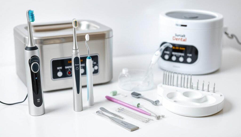 A well-lit, high-resolution image of an assortment of professional dental cleaning devices arranged on a clean, white tabletop. In the foreground, a modern electric toothbrush, dental scaler, and polishing brush. In the middle ground, a dental mirror, floss, and interdental brushes. In the background, a compact ultrasonic cleaner and a tray of sterilized dental tools. The scene conveys a sense of clinical efficiency and attention to detail, suitable for illustrating alternatives to traditional dental cleanings.