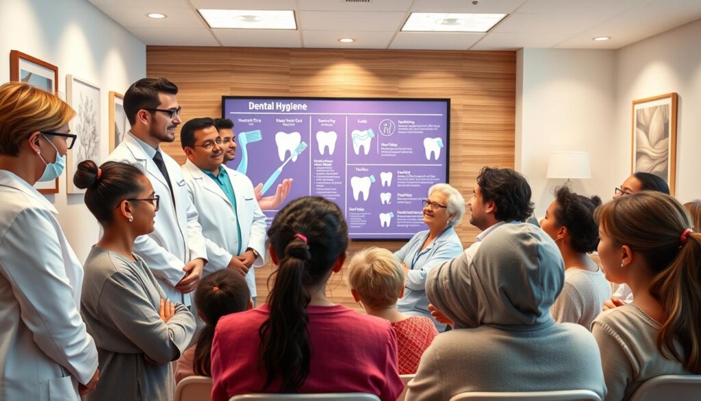 A well-lit, warmly-colored scene depicting a team of attentive dentists educating a diverse group of patients on proper dental hygiene. The dentists, dressed in crisp white coats, stand before a large display showcasing toothbrushing techniques and dental health facts. The patients, ranging from children to elderly, listen intently, their faces filled with curiosity and engagement. In the background, a soothing, minimalist dental office setting with clean lines, natural wood accents, and calming wall art. The overall atmosphere conveys a sense of trust, care, and the importance of preventive dental education.