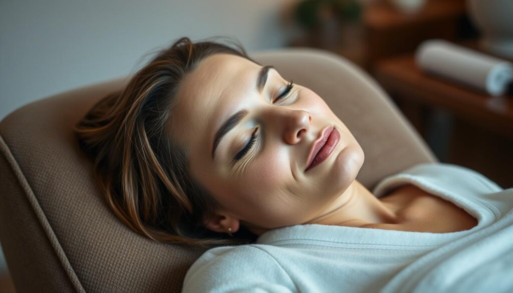 A woman in her mid-30s resting on a plush armchair, her eyes gently closed and her face bearing a serene expression. The lighting is soft and diffused, creating a calming, introspective atmosphere. Her skin appears slightly flushed, hinting at the immediate post-treatment sensations she is experiencing. In the background, a soothing, neutral-toned environment with minimal distractions, allowing the viewer to focus on the subject's tranquil demeanor. The overall composition conveys a sense of relaxation and rejuvenation, reflecting the article's focus on the post-treatment experience.