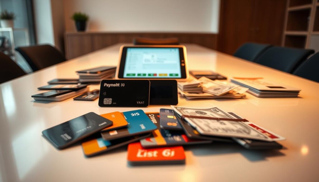 An assortment of payment options arranged on a sleek, modern table, illuminated by warm, directional lighting and photographed from a low angle to convey a sense of accessibility and approachability. In the foreground, various payment cards, digital wallets, and cash are neatly displayed, suggesting the flexibility and convenience of alternative payment methods. The middle ground features a tablet or smartphone displaying a payment interface, hinting at the integration of technology. The background showcases a minimalist, professional setting, emphasizing the practical and practical nature of these alternative payment solutions.