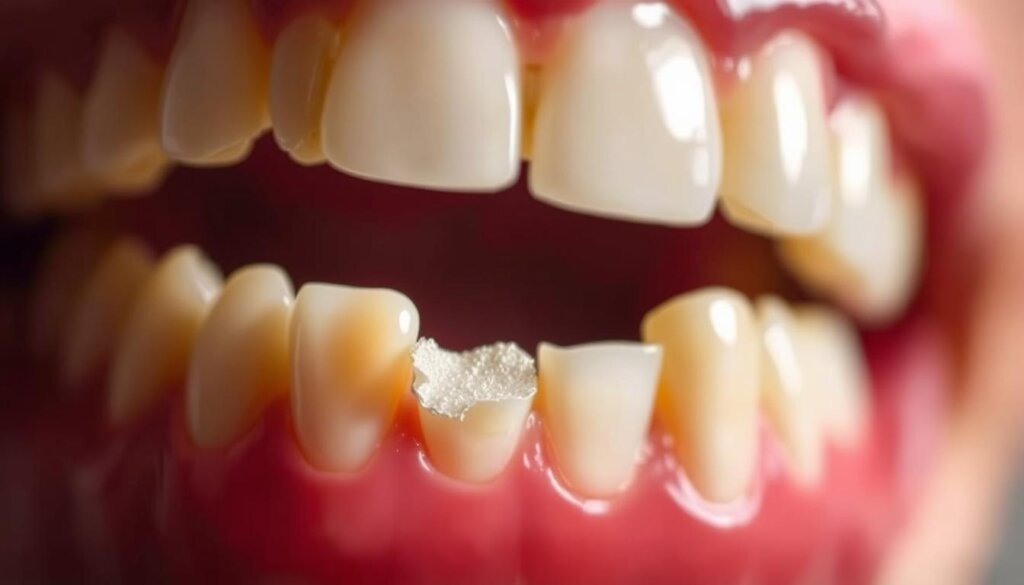 An interior scene with a close-up view of a set of teeth against a blurred background. In the foreground, a broken, chipped tooth is prominently displayed, representing the central focus of the image. The lighting is soft and directional, casting subtle shadows that accentuate the texture and details of the dental structure. The depth of field is shallow, with the background slightly out of focus, drawing the viewer's attention to the damaged tooth. The color palette is muted, with a slightly desaturated, clinical feel, reflecting the subject matter. The overall mood is one of concern and attention to the dental issue at hand, aligning with the article's focus on understanding dental insurance coverage for broken tooth repair.