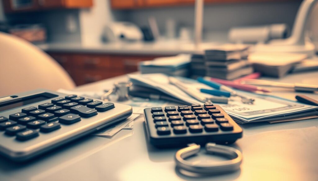 Close-up view of a dental office countertop, with a calculator, stacks of bills, and various dental equipment and tools spread out, suggesting the high costs associated with long-term dental care. The scene is lit with warm, clinical lighting, creating a sense of seriousness and financial responsibility. The background is slightly blurred, keeping the focus on the foreground details that convey the message of the rising costs of dental treatments over time.