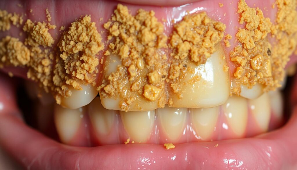 Close-up view of severe tartar buildup on human teeth, with a focus on the molars and incisors. The tartar is a yellowish-brown, crusty, and uneven in texture, covering a significant portion of the tooth surfaces. The teeth appear discolored and stained, with visible gum recession and inflammation. The lighting is slightly directional, casting subtle shadows to accentuate the irregular contours of the tartar deposits. The image is captured at a medium-close range, providing a detailed and impactful view of the dental problem, conveying the seriousness of the condition and the need for professional cleaning and treatment.