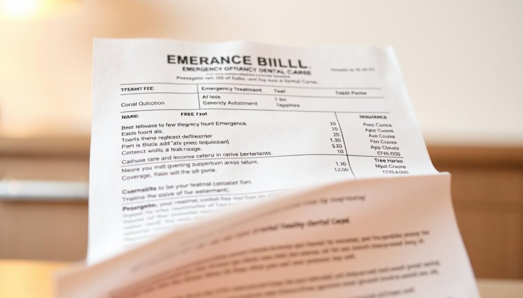 Detailed medical bill for emergency dental care, showcasing various treatment fees and insurance coverage information. Set against a clean, professional backdrop with a warm, calming lighting. The document takes center stage, with a soft focus on the financial details and insurance policy clauses. The overall mood conveys a sense of clarity and understanding, guiding the viewer through the intricacies of dental emergency costs and coverage options.