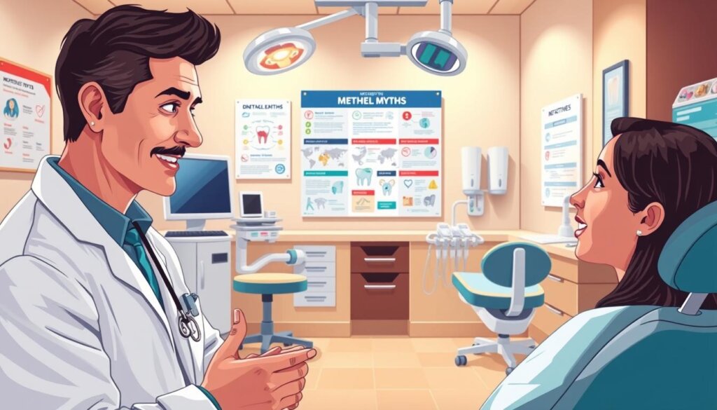 Intricately detailed illustration of a dental office, with a warm, welcoming atmosphere. In the foreground, a dentist and patient engaged in a friendly discussion, debunking common dental myths. The dentist's expression is calm and reassuring, while the patient appears attentive and receptive. In the middle ground, informative infographics and educational posters line the walls, providing visual cues to the mythbusting theme. The background features modern, well-equipped dental equipment, creating a sense of professionalism and expertise. Soft, directional lighting illuminates the scene, casting subtle shadows and highlighting the important elements. The overall composition conveys a sense of trust, knowledge, and the importance of regular dental visits.