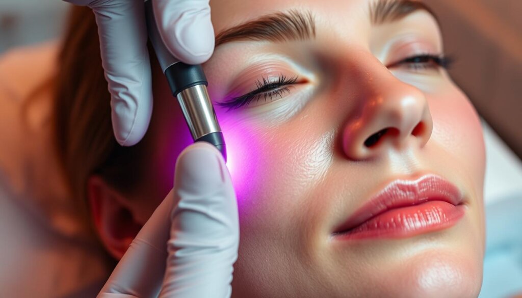 Stunning close-up of an Ultherapy treatment in progress, with a serene, professional medical setting. The skin is depicted with intricate detail, showcasing the non-invasive ultrasound waves penetrating deep into the tissue. Soft, indirect lighting creates a warm, soothing atmosphere, while the practitioner's gloved hands gently guide the Ultherapy applicator across the patient's face. The background is slightly blurred, emphasizing the focus on the treatment process. The image conveys the safety, precision, and effectiveness of Ultherapy, highlighting its transformative benefits for skin tightening and lifting.