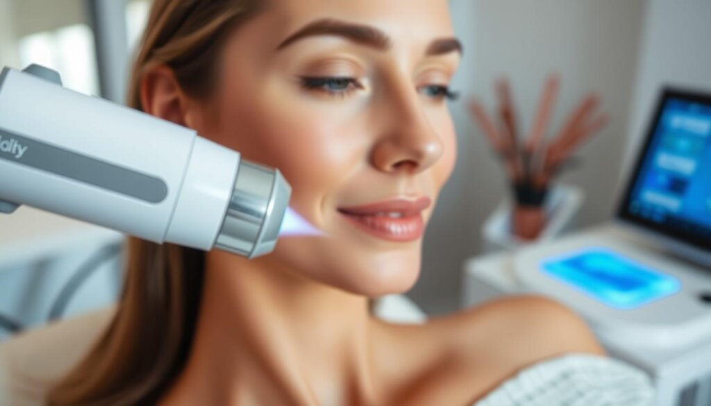Ultherapy, a cutting-edge, non-surgical skin tightening treatment. In the foreground, an ethereal close-up of a woman's face, her skin glowing with a youthful radiance. Midground, the Ultherapy handpiece, its ultrasound transducer emanating focused energy waves, penetrating the skin's surface. In the background, a softly blurred medical clinic setting, conveying the professional, clinical environment. The lighting is natural and diffused, creating a serene, spa-like ambiance. The camera angle is slightly elevated, giving a sense of authority and expertise. Overall, the image exudes a sense of advanced technology, medical precision, and transformative skin rejuvenation.