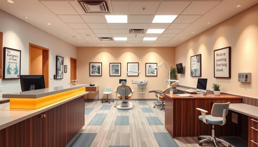 Vibrant medical office interior, with a modern dental reception desk in the foreground. Warm, ambient lighting illuminates the space, creating a calm and inviting atmosphere. In the middle ground, a row of comfortable dental chairs, equipped with advanced technology. The background features soothing pastel-colored walls, accented by framed artwork and inspirational quotes. The overall scene conveys a sense of professionalism, efficiency, and care, perfectly suited for an emergency dental services setting.