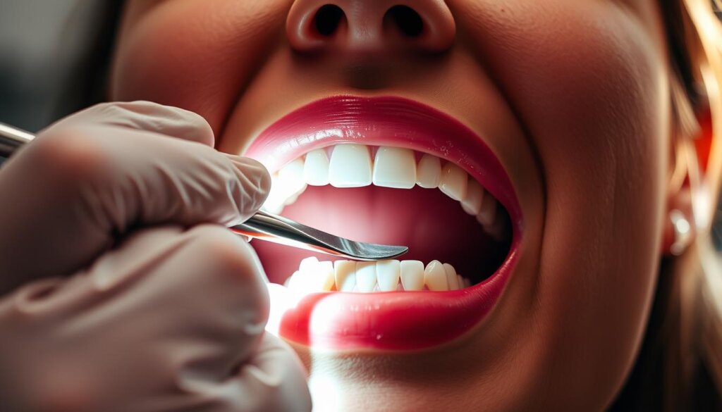 a detailed close-up of a dental hygienist's hands performing a professional teeth cleaning, with a patient's open mouth in the center of the frame. the hygienist's gloved hands are carefully using a metal scaler to remove plaque and tartar from the teeth, with a focused expression on their face. the scene is brightly lit from above, casting dramatic shadows and highlights on the dental instruments and the patient's teeth. the background is blurred, keeping the focus on the delicate cleaning procedure. the overall mood is one of precision, care, and the importance of regular dental maintenance.