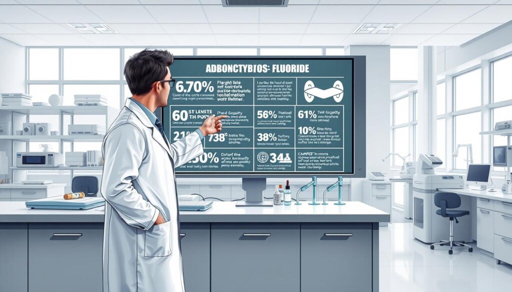 a detailed, photorealistic illustration of a debunking of common myths about fluoride treatment, set in a clean, modern laboratory environment. the foreground features a scientist in a white lab coat standing at a counter, pointing to a large display screen behind them that shows various fluoride-related statistics and information, visually dispelling common misconceptions. the middle ground includes scientific equipment and instruments, conveying a sense of scientific authority and expertise. the background shows a clean, bright room with large windows, evoking a professional, educational atmosphere. the lighting is soft and even, accentuating the clarity and precision of the imagery. the overall tone is informative, authoritative, and visually engaging.