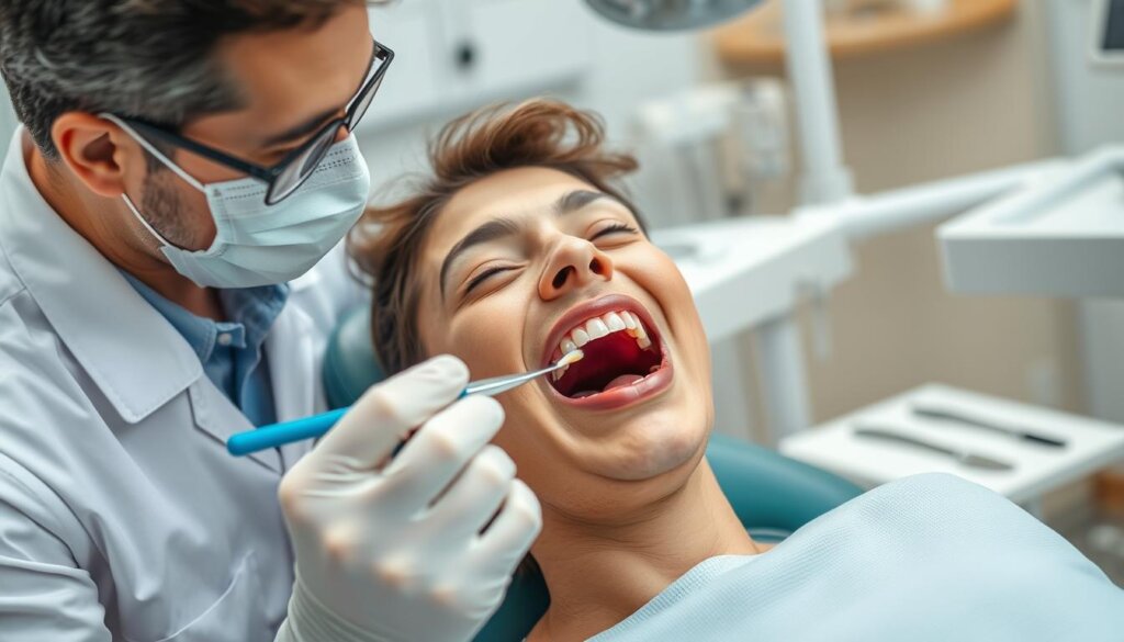 a professional dental office setting, with a patient reclining in a dentist's chair, their mouth open as a dentist applies a fluoride treatment using a small brush, conveying the process of fluoride application during a routine cleaning. The room is well-lit, with clean and modern medical equipment visible in the background. The dentist's focused expression and the patient's calm demeanor suggest a relaxed and reassuring atmosphere. The image should have a crisp, clinical feel, emphasizing the importance of fluoride treatments for dental health.