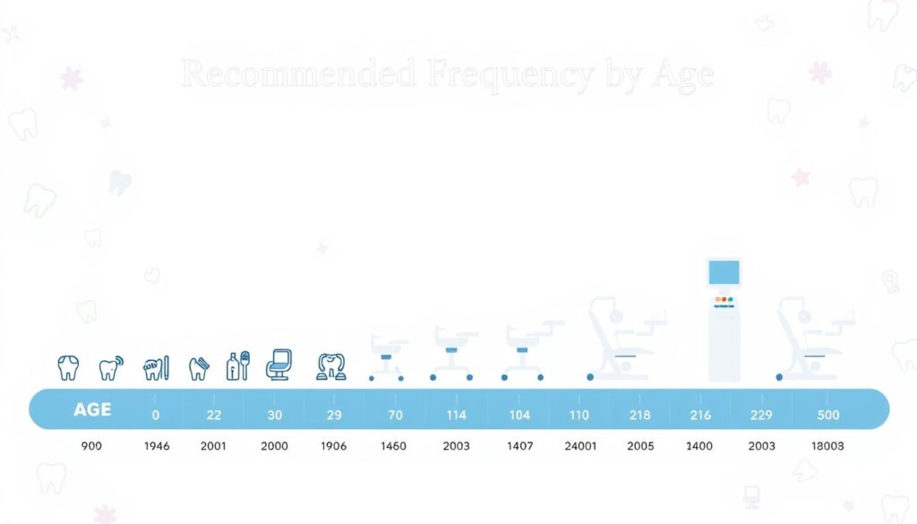 A beautifully designed infographic on a light, airy background showcasing the recommended dental visit frequencies for children by age. The foreground features a stylized timeline of age groups from infant to adolescent, with icons representing each stage. The middle ground depicts a series of clean, modern dental chairs and equipment, symbolizing the routine check-ups. The background subtly incorporates dental-themed patterns and textures, creating a cohesive and visually engaging composition. The overall mood is informative, educational, and visually striking, making it an impactful illustration for the "Recommended Frequency by Age" section of the article.