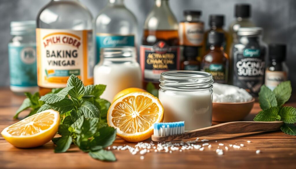 A beautifully lit, high-resolution close-up photograph of various natural ingredients for tartar control, artfully arranged on a wooden table. In the foreground, fresh mint leaves, lemon slices, and baking soda are prominently displayed. In the middle ground, a small glass jar of coconut oil and a toothbrush stand out. The background is softly blurred, featuring an array of additional natural remedies like apple cider vinegar, activated charcoal, and essential oils. The lighting is soft and diffused, creating a warm, inviting atmosphere that highlights the natural, organic qualities of the ingredients. The composition is balanced and visually appealing, conveying the effectiveness and accessibility of these home remedies for tartar control.