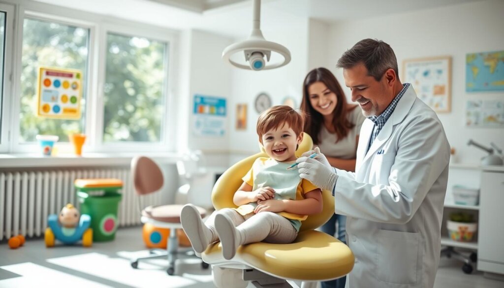 A bright, airy room with natural light streaming through large windows. In the center, a friendly-looking dentist's chair, surrounded by colorful toys and educational posters. A young child, approximately 3-5 years old, sits comfortably in the chair, their parents standing nearby, smiling encouragingly. The dentist, wearing a bright white coat and a warm expression, gently examines the child's teeth, using child-friendly tools and techniques. The overall scene conveys a sense of comfort, trust, and the importance of early dental care.