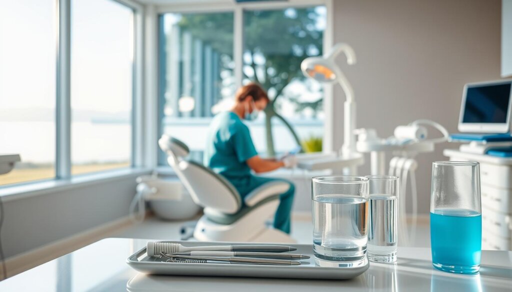 A bright, clean dental office setting with a patient sitting in a reclined chair, surrounded by dental equipment and supplies. In the foreground, a tray of dental tools, toothpaste, and a glass of water. The middle ground features a dentist in scrubs, gloves, and a mask, preparing to perform a cleaning procedure. The background showcases a large window overlooking a tranquil outdoor scene, with soft, natural lighting filtering in. The overall atmosphere conveys a sense of professionalism, cleanliness, and patient care.