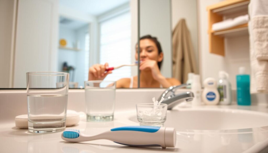A bright, well-lit bathroom interior with a vanity mirror, sink, and toiletries. In the foreground, an open toothbrush and toothpaste resting on the vanity. Beside them, a glass of water and a small cup holding dental floss. The middle ground features a person's hands gently brushing their teeth with the toothbrush, their face reflected in the mirror. The background showcases various hygiene products like mouthwash, dental picks, and a towel, all neatly arranged. The overall scene conveys a sense of clean, organized, and mindful daily oral hygiene practices.