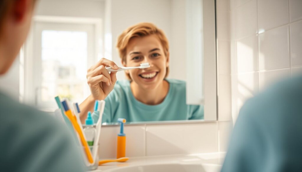 A bright, well-lit bathroom scene. In the foreground, a person is carefully using a dental pick to gently remove tartar buildup from their teeth in front of a mirror. The middle ground shows an array of oral hygiene tools like toothbrushes, floss, and mouthwash. The background depicts a clean, tidy bathroom with natural lighting streaming in through a window, creating a calming, hygienic atmosphere. The overall scene conveys the importance of diligent, effective home oral care for maintaining healthy teeth and gums.
