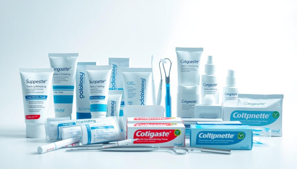 A brightly lit close-up photograph showcasing an array of whitening products on a clean white background. In the foreground, various tubes, bottles, and packages of teeth whitening toothpaste, gels, strips, and trays are neatly arranged, their labels and packaging prominently displayed. The lighting is soft and diffused, creating an even, shadowless illumination that highlights the glossy textures and vibrant colors of the products. In the middle ground, a few carefully positioned dental tools, such as a dental mirror and a set of dental picks, hint at the role of whitening products in maintaining oral hygiene and a bright, healthy smile. The overall mood is one of professionalism, cleanliness, and the promise of a whiter, more radiant smile.