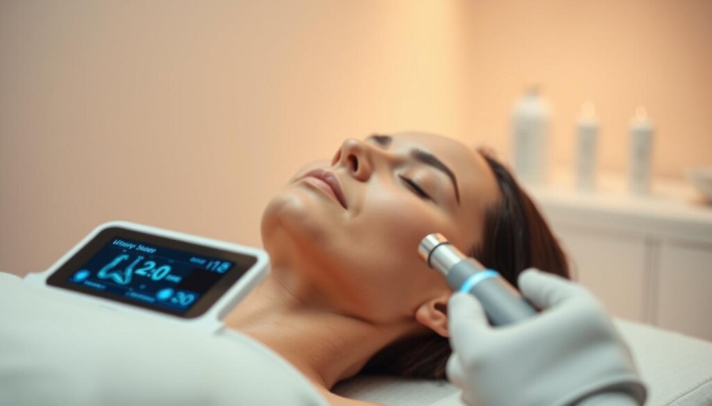 A calming, serene scene of a woman undergoing the Ultherapy treatment. In the foreground, a serene-faced woman rests peacefully, her eyes closed as the ultrasound wand glides across her skin. The middle ground features the Ultherapy device, its display screen illuminated with diagnostic details. In the background, a softly lit, minimalist medical spa setting, with muted tones and soothing ambient lighting that creates a tranquil atmosphere. The composition emphasizes the comfort and relaxation of the Ultherapy experience, capturing the essence of a non-invasive skin tightening treatment. Crisp, high-resolution details, a shallow depth of field, and a warm, natural color palette convey the professionalism and clinical efficacy of the procedure.