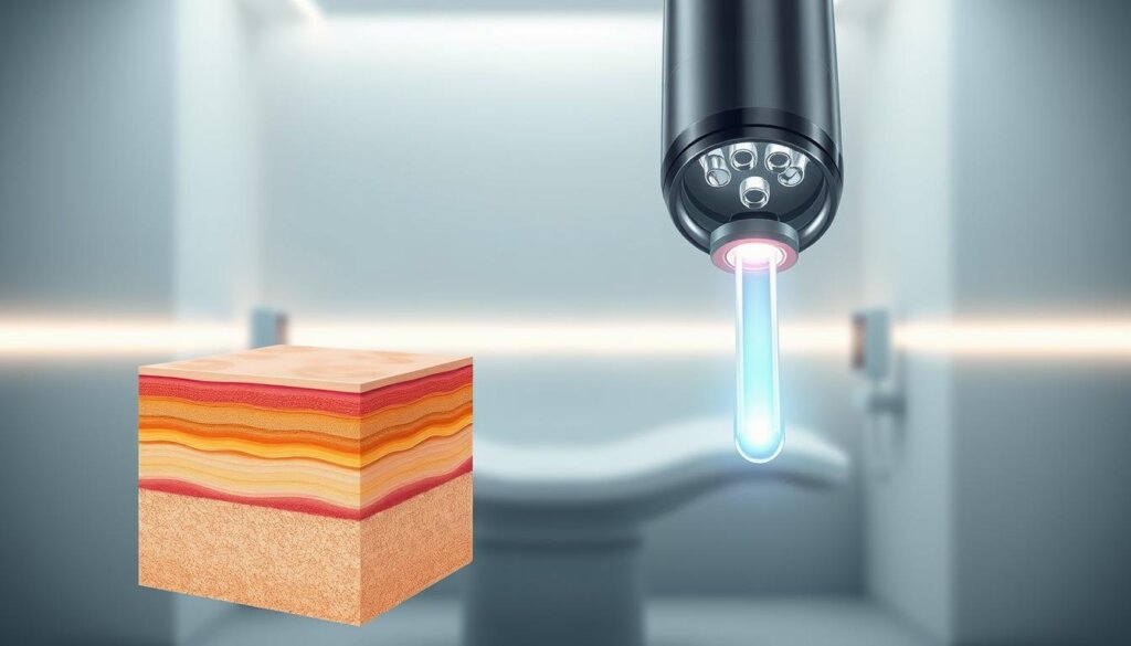 A captivating medical illustration showcasing the process of Ultherapy. In the foreground, a detailed cross-section of the skin reveals the targeted layers, highlighting the precise energy delivery. The middle ground features a close-up of the Ultherapy handpiece, its sleek design and internal components visible. In the background, a serene, minimalist medical setting with soft, diffused lighting creates a sense of clinical authority. The image conveys the advanced technology and meticulous application of Ultherapy, underscoring its purpose as a non-invasive skin tightening treatment.