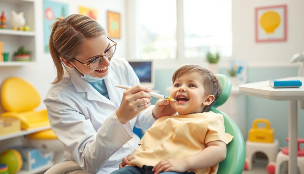A cheerful and inviting dental office scene with a friendly dentist examining a young child's teeth. The child sits comfortably in a colorful chair, while the dentist uses a dental mirror and gentle touches to inspect the teeth. The room is bright and airy, with colorful wall art and toys nearby to put the child at ease. Soft, natural lighting illuminates the scene, creating a warm and welcoming atmosphere. The dentist's kind expression and the child's curious yet relaxed demeanor convey the importance of early dental visits for establishing positive associations with oral healthcare.