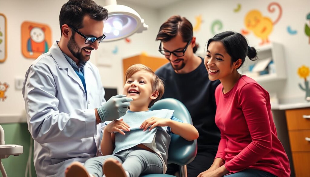 A cheerful, bright-lit dentist's office with a friendly pediatric dentist tending to a young patient on an examination chair. The child's face is relaxed and curious, with a supportive parent standing nearby. The room is decorated with whimsical, kid-friendly motifs like cartoon characters and colorful wall murals. Soft, indirect lighting casts a warm, comforting glow. The scene conveys a sense of trust, care, and gentle exploration, setting the stage for a positive, stress-free first dental visit experience.