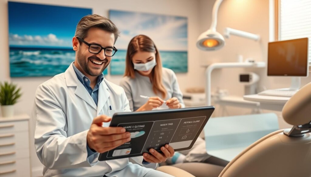 A clean, bright dental office interior with modern equipment and decor. In the foreground, a smiling dentist and patient discussing a personalized dental care plan on a digital tablet. The plan includes an optimal teeth cleaning schedule tailored to the patient's needs. The middle ground features a dental hygienist providing a gentle, thorough cleaning using advanced tools. In the background, soothing nature imagery, such as a calming seascape or lush greenery, creates a serene atmosphere. Warm, directional lighting illuminates the scene, emphasizing the professionalism and personalized approach to dental care.