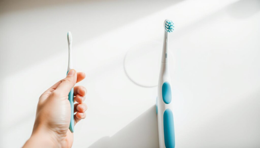 A clean, well-lit countertop with two toothbrushes placed side-by-side - a manual brush and an electric one. The manual brush is held in a hand, demonstrating proper brushing technique with gentle, circular motions. The electric brush is positioned next to it, its rotating head clearly visible. The scene is captured from an angle that allows both brushing methods to be observed and compared. The lighting is soft and natural, creating a calm, informative atmosphere suitable for a health-focused instructional illustration.